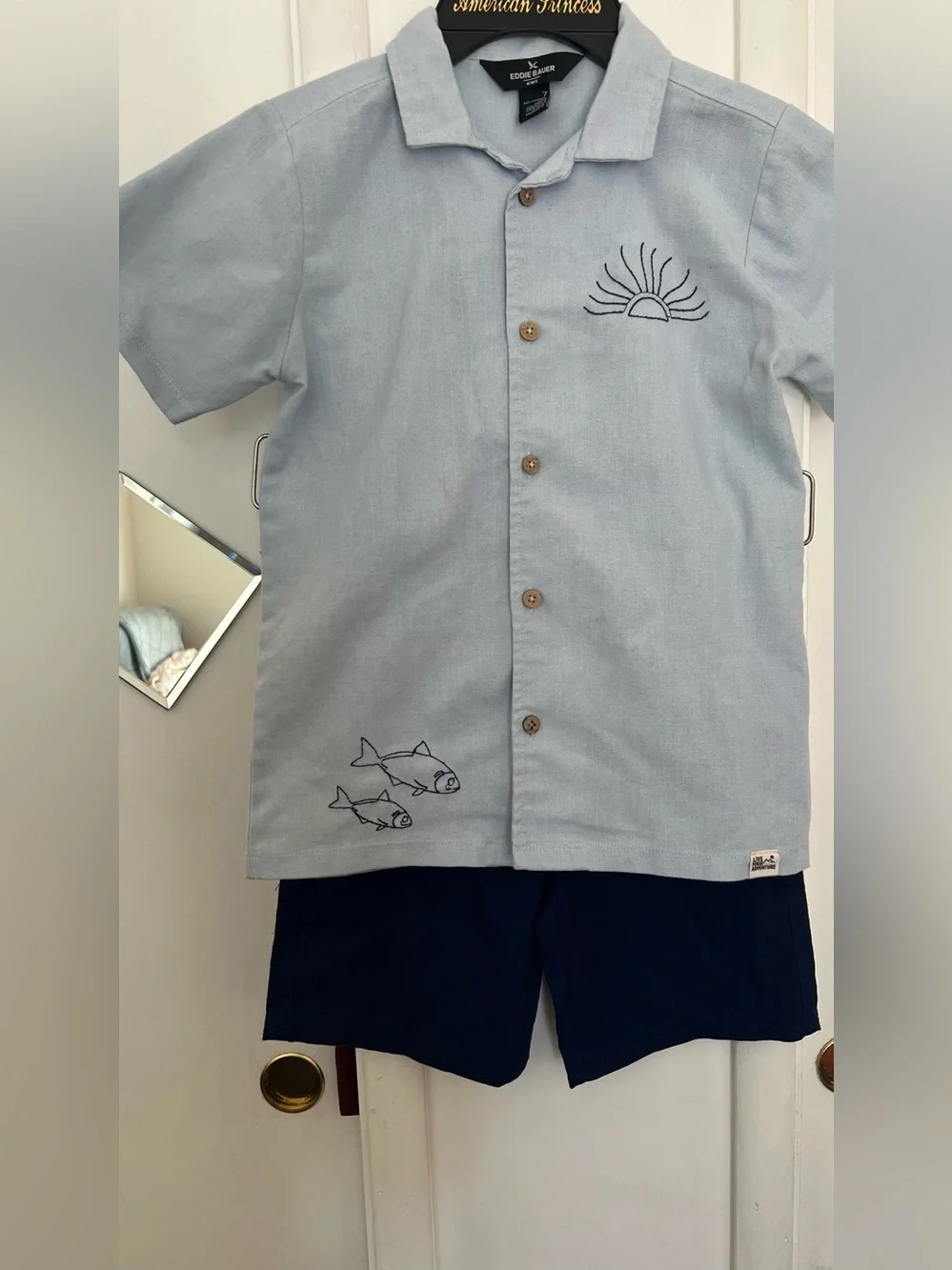 Eddie Bauer Light Blue Embroidered Shirt & short for boys size 7